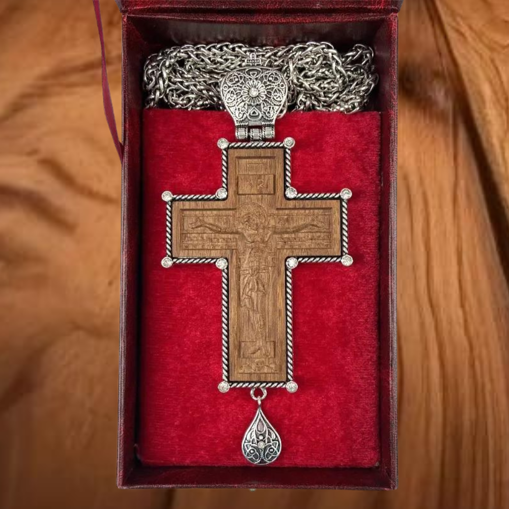 Wooden Pectoral Cross for Orthodox Priest in Silver-Plated Case With Antique Chain Wooden Pectoral Cross for Orthodox Priest in Silver-Plated Case With Antique Chain